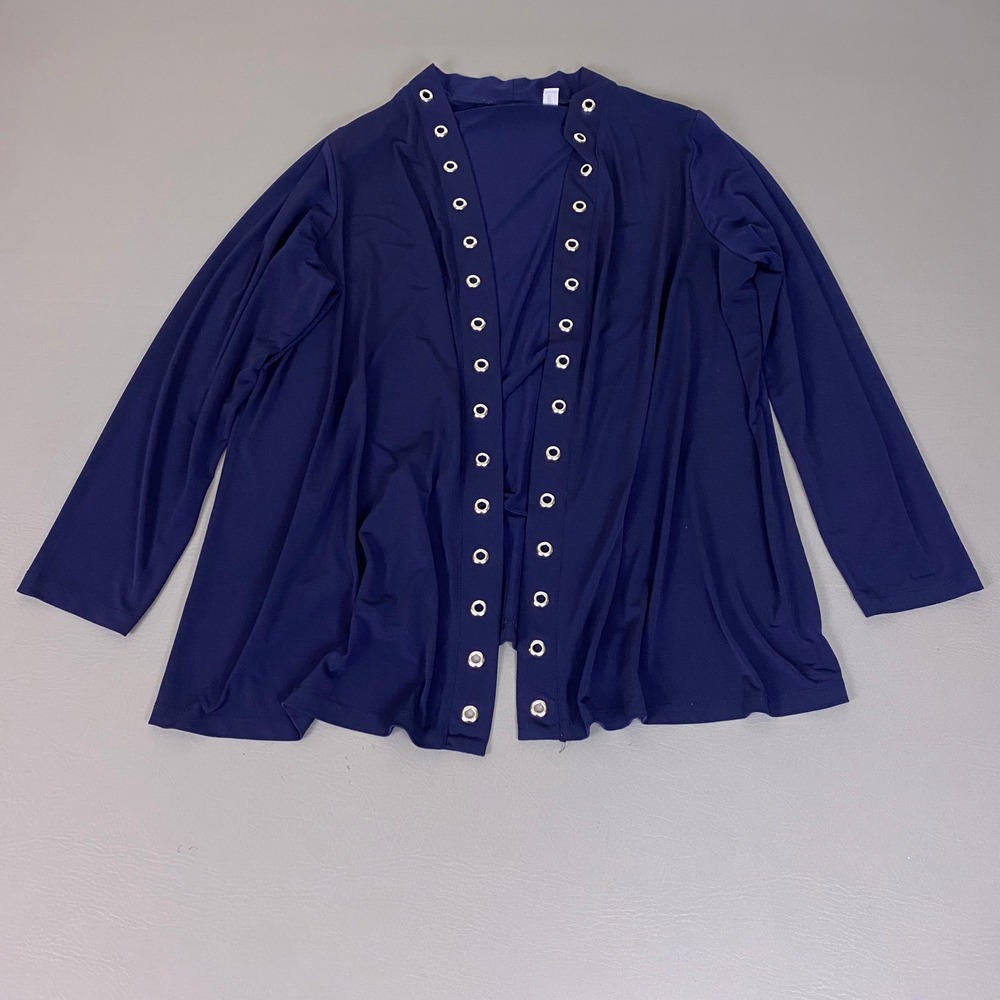 Susan Graver Cardigan Women's Size 1X Navy Blue Liquid Knit Grommet Trim Open